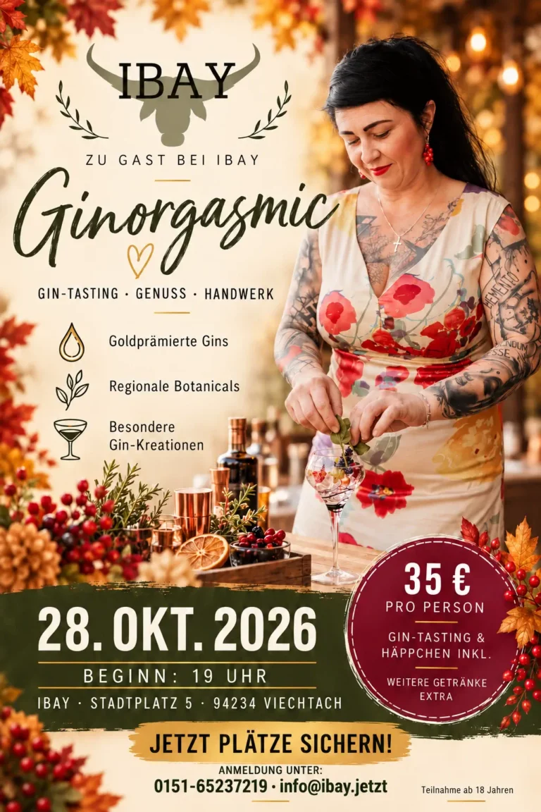 Plakat Gin-Tasting: GINorgasmic zu Gast bei IBAY Viechtach am 28. Oktober 2026, Philomena Stiglbauer garniert einen Gin-Cocktail