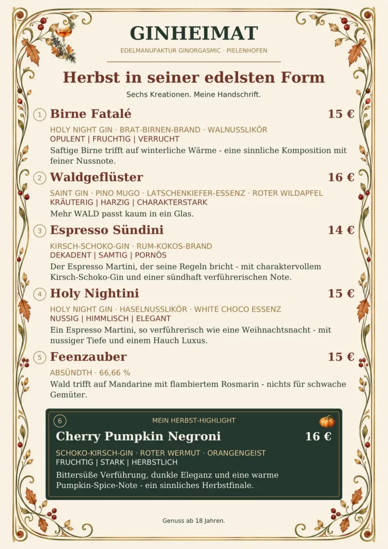 Herbstkarte 2026 der GINheimat Pielenhofen, Seite 1: sechs Herbstkreationen von Birne Fatalé bis Cherry Pumpkin Negroni