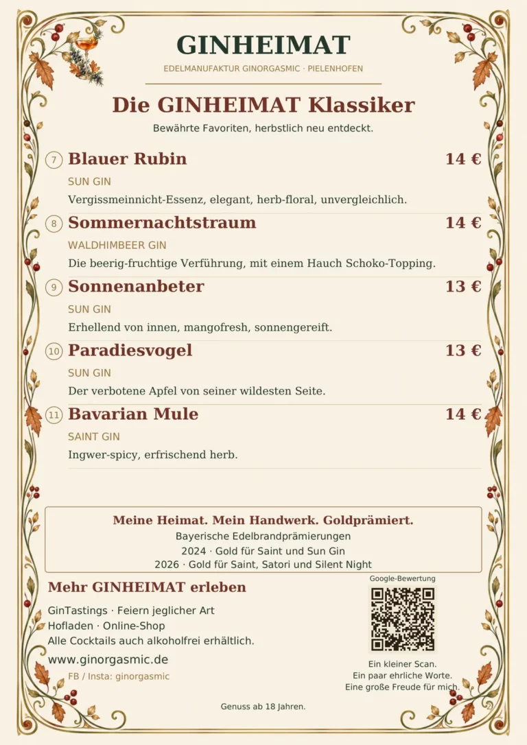 Herbstkarte 2026 der GINheimat Pielenhofen, Seite 2: die GINheimat-Klassiker und Prämierungen